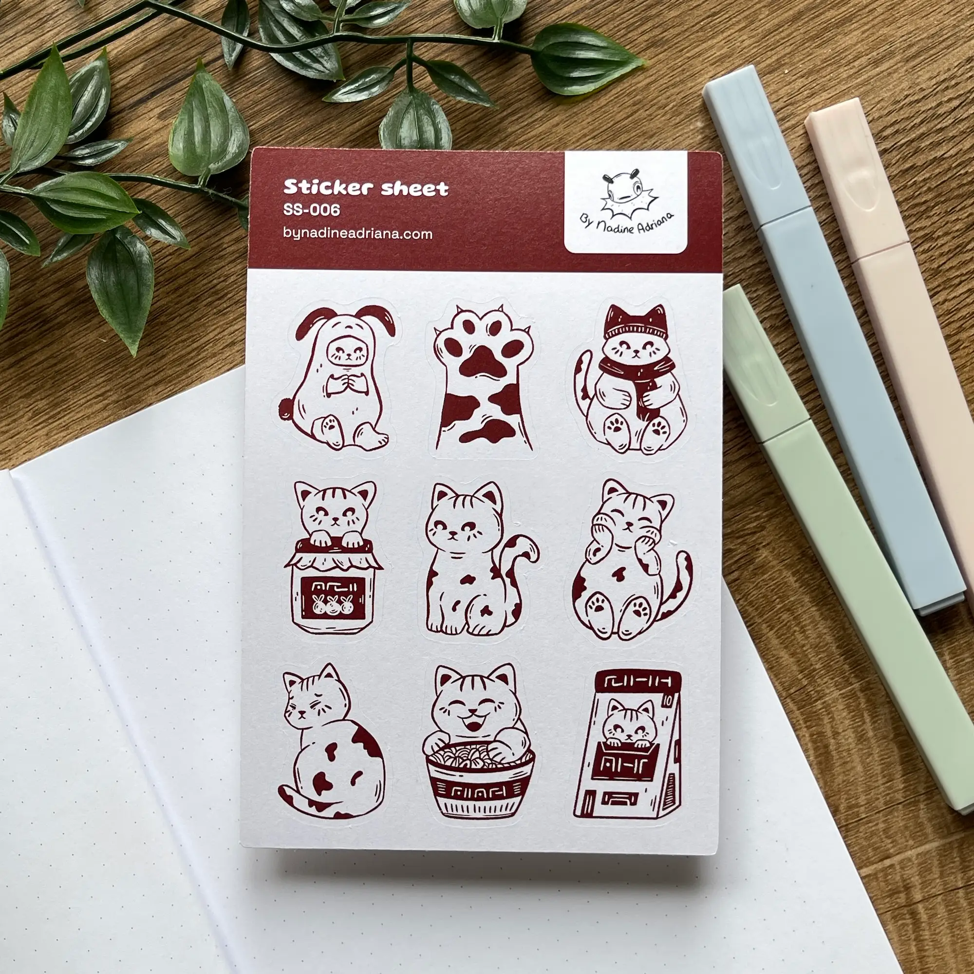 Cosy brown cat sticker sheet - Cute feline illustrations - Image 2